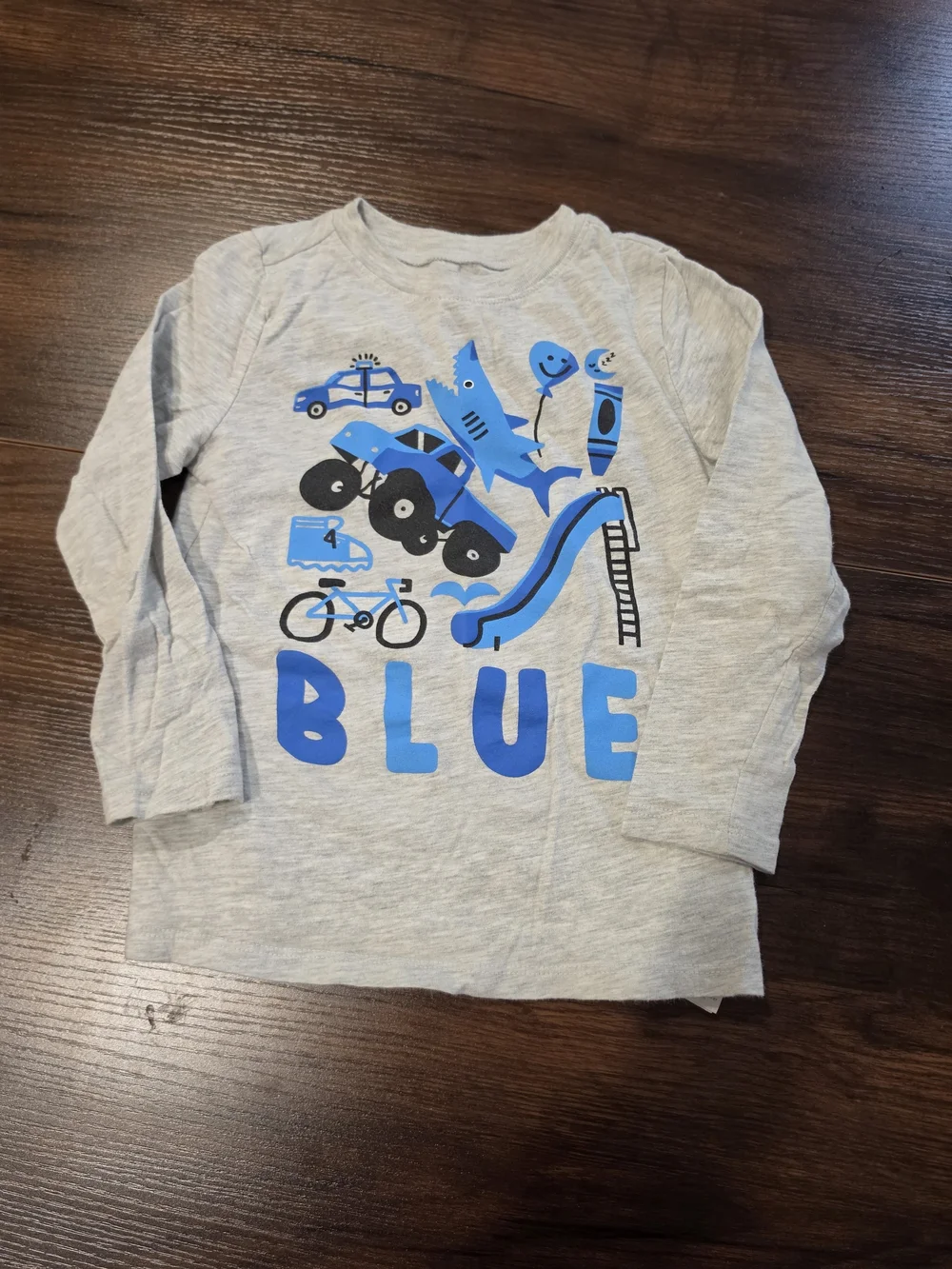 Old Navy Gray Long-Sleeve Tee with Bright Blue Vehicle Graphics